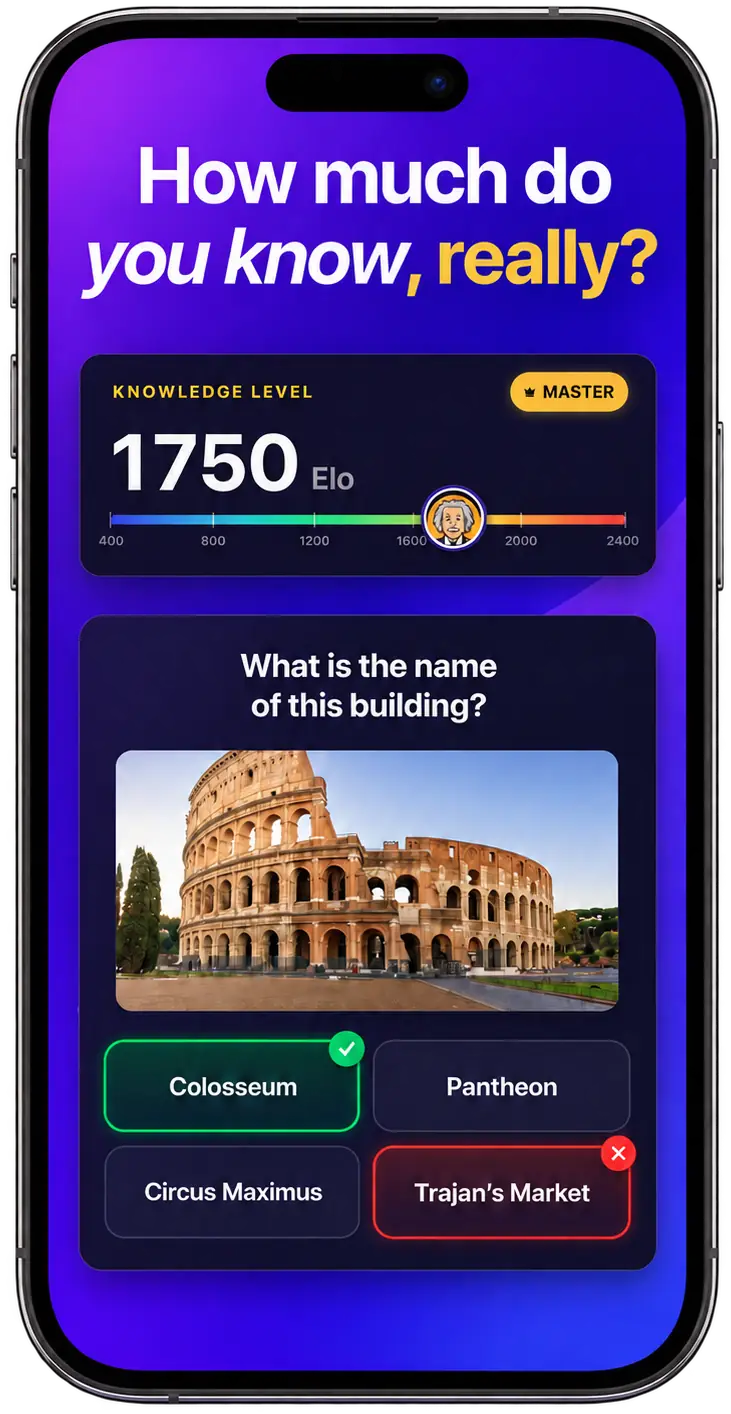 Elo.World, a QuizUp alternative, showing a 1,750 Elo rating above a live trivia question